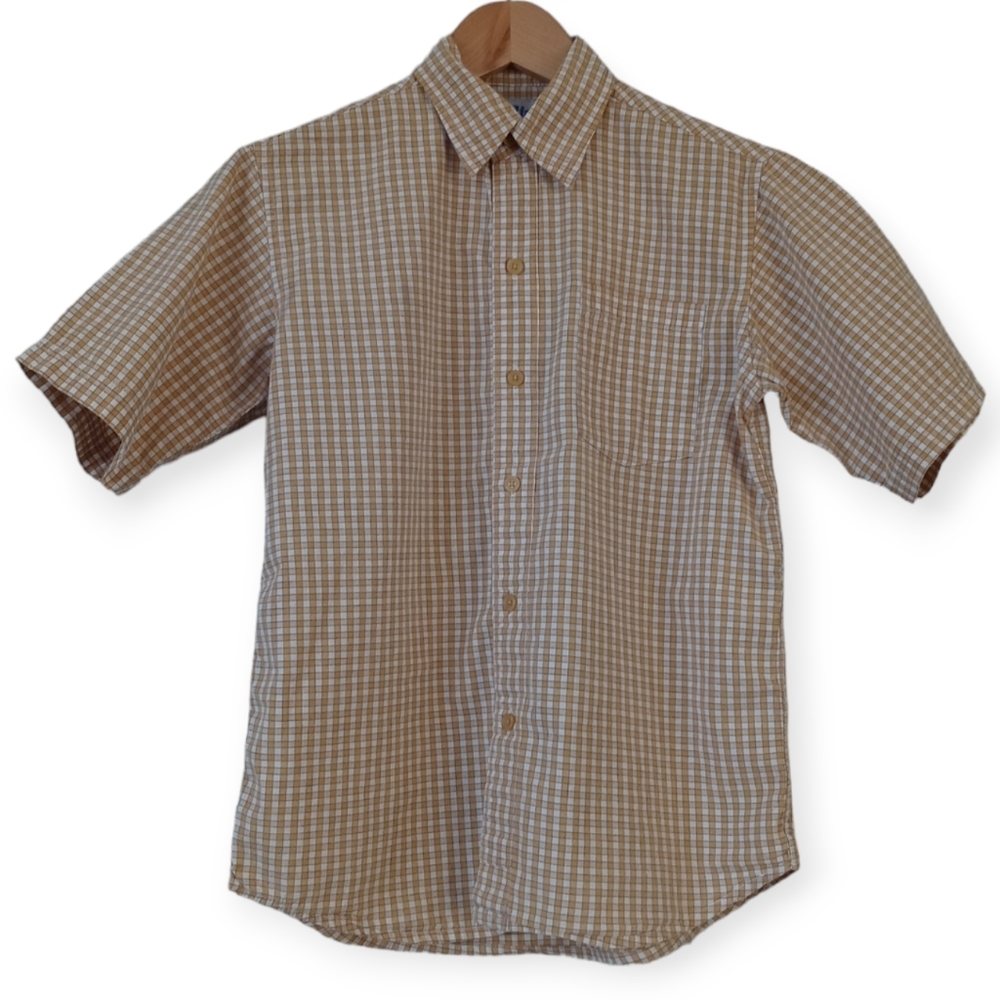 RADIUS BOYS' PLAID SHORT SLEEVE SHIRT. SIZE S. COLOR WHITE, TAN